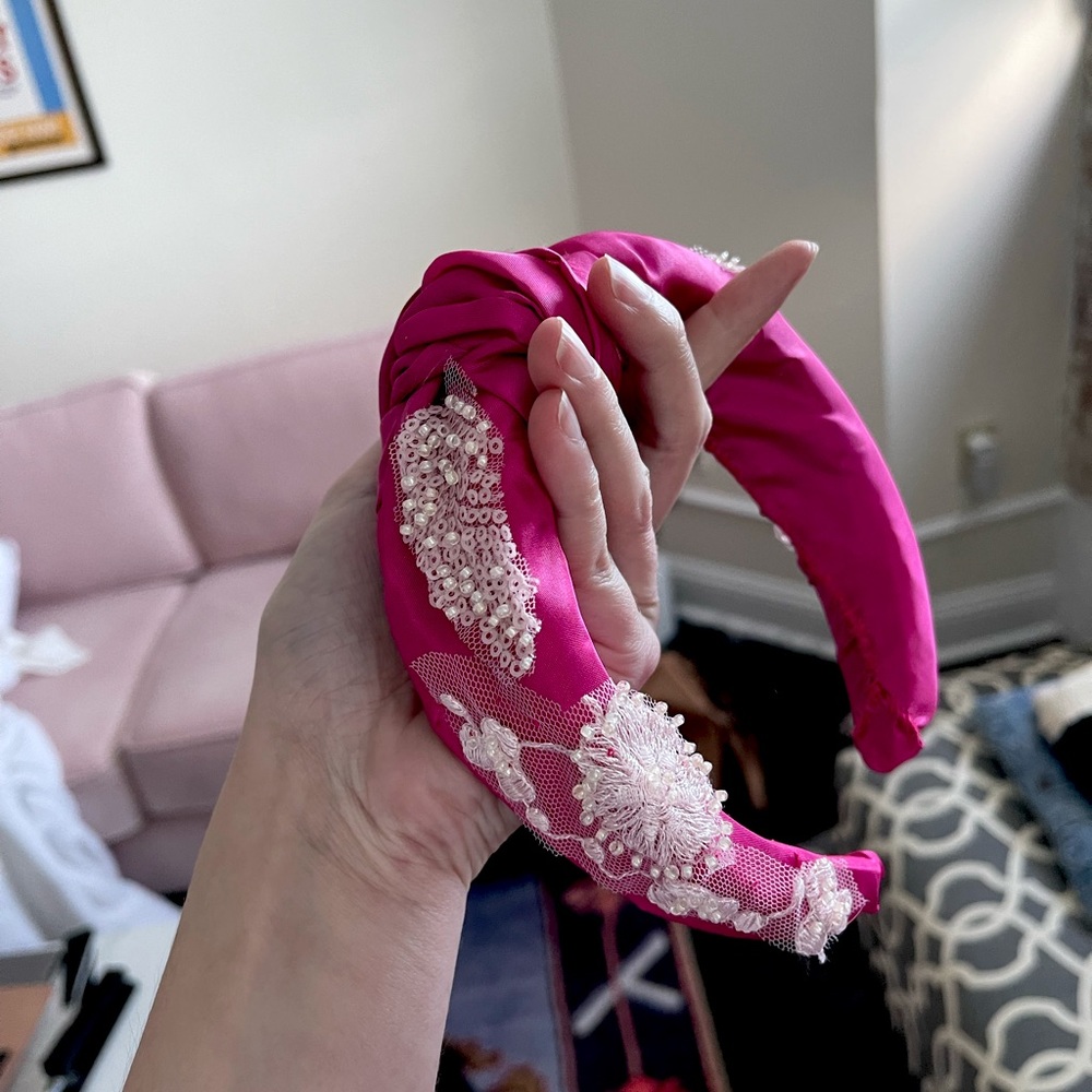HANDMADE: Gorgeous Hot Pink Satin Beaded Lace Soft Headband